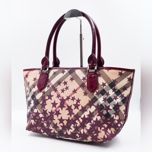 AI07❤️ BURBERRY Patent Supernova Check Stars Nickie Tote - Picture 2 of 14